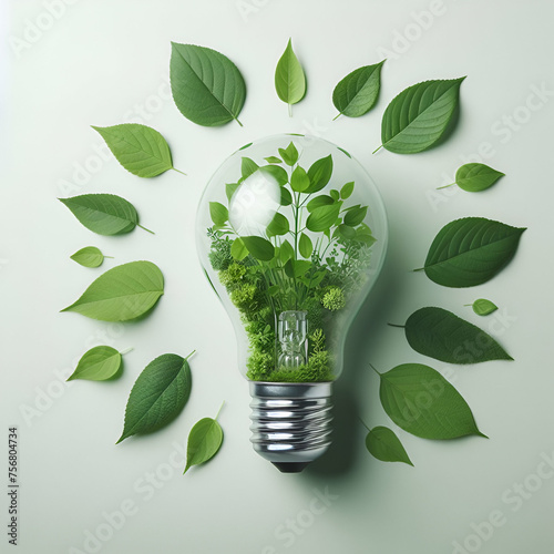 Think Green Environmental Protection Renewable Energy Eco-Friendly Light Bulb in Nature with Plant Greenery Inside Surrounded & Framed by Leaves and Plants Around the Outside. Ecology Climate Change.
