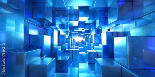 A blue room with many blue cubes - stock background.