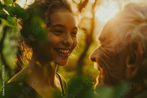 An enchanting moment between a young lady and an older woman, sharing a conversation in nature