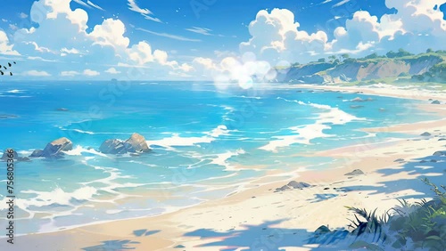 animation footage anime scenery of a beach with a cliff and a blue ocean photo