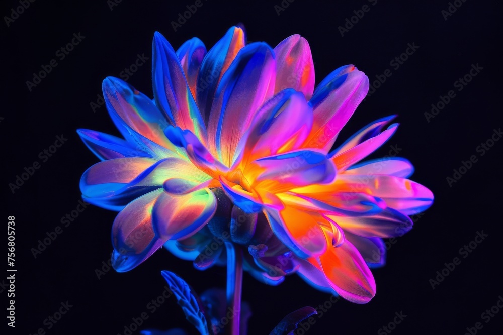 A stunning close-up of a dahlia flower enhanced with vibrant neon colors against a dark background highlighting its beauty
