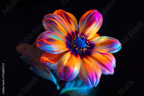 This photo captures the essence of a dahlia flower in electrifying ultraviolet light, highlighting its lively colors