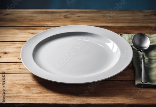 Assiette blanche vide sur une table avec une cuillère