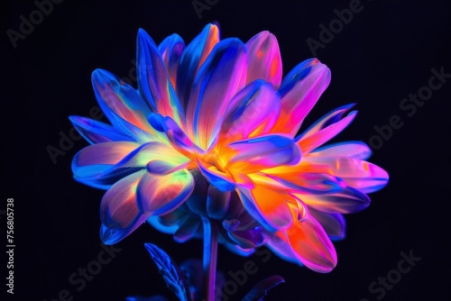 A stunning close-up of a dahlia flower enhanced with vibrant neon colors against a dark background highlighting its beauty © ChaoticMind