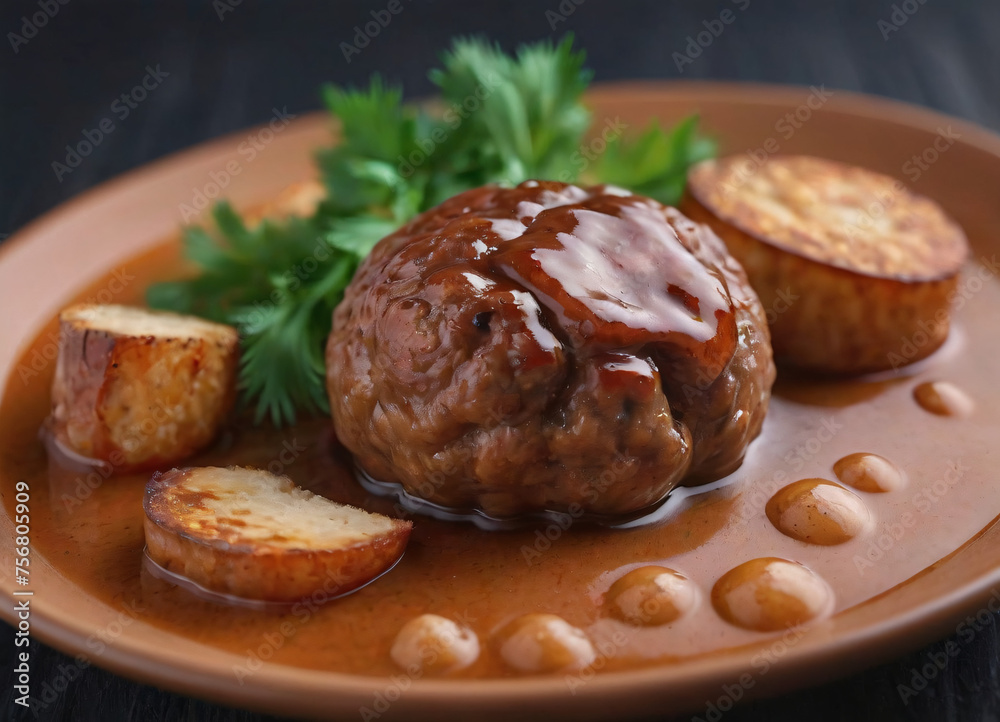 meatballs with melted tomato sauce on a plate with a blury background meatballs with melted tomato sauce on a plate with a blury background