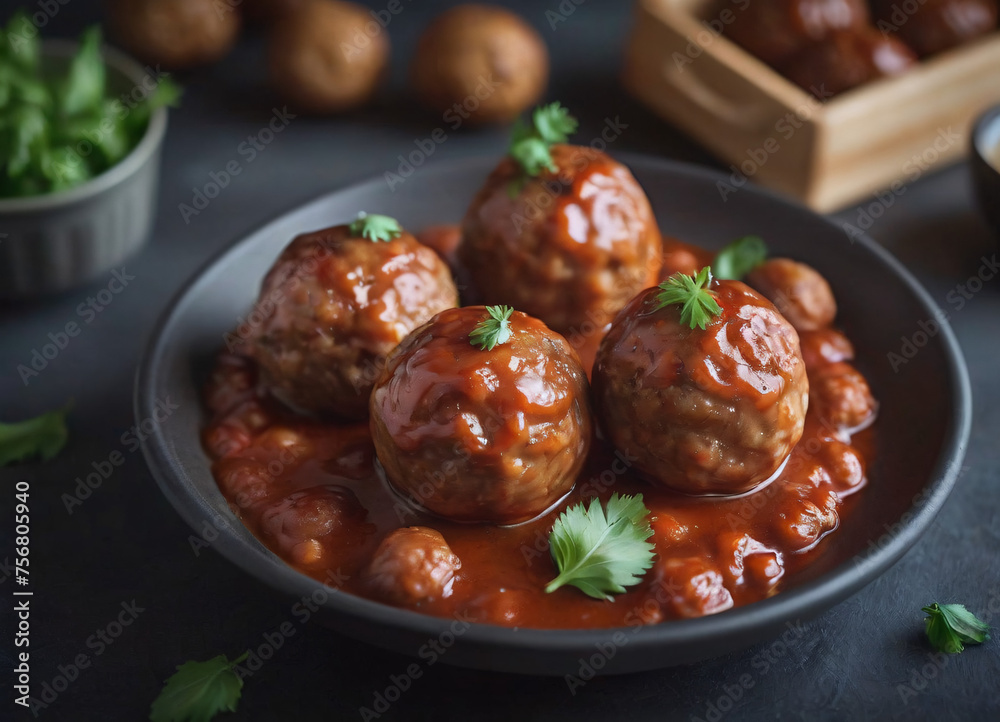 meatballs with melted tomato sauce on a plate with a blury background meatballs with melted tomato sauce on a plate with a blury background