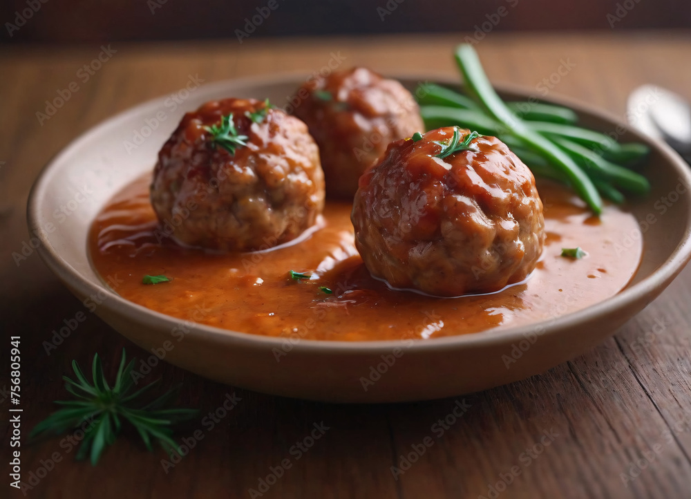 meatballs with melted tomato sauce on a plate with a blury background