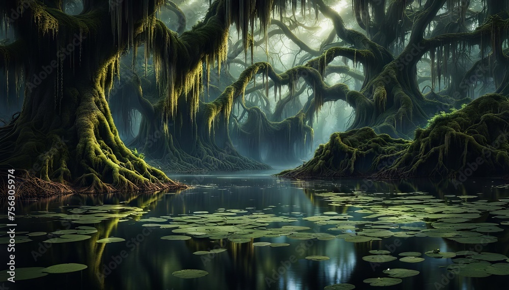 A fantasy forest with moss hanging from the trees and a swampy watery ground. 