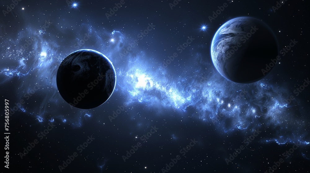 Planets and solar flares in a mesmerizing and captivating dark space celestial panorama