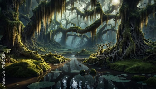 A fantasy forest with moss hanging from the trees and a swampy watery ground.  photo