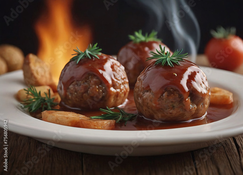 meatballs with melted tomato sauce on a plate with a blury background