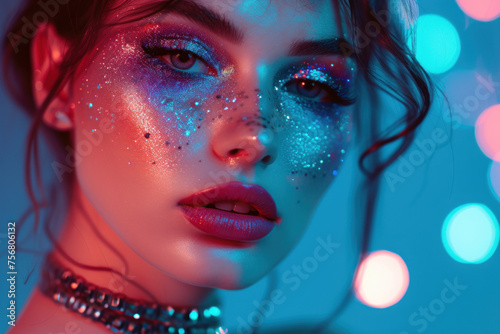 Enchanting young woman with glitter makeup under colorful bokeh lights