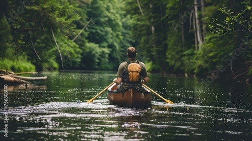 painting a man paddling a canoe down a river. Travel and adventure lifestyle with outdoor photo