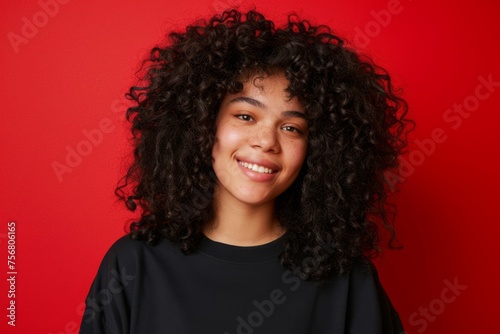 White, black, heather t-shirt mockup on happy african american girl with curly hair, isolated on background.  © JovialFox