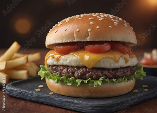 Delicious fresh cheeseburger with fire grey background. Fresh american cook style.