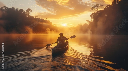 painting a man paddling a canoe down a river. Travel and adventure lifestyle with outdoor © Ilmi