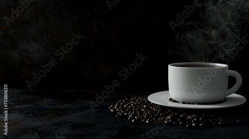Morning coffee cup with plate and fresh aroma beans, copy space for text placement