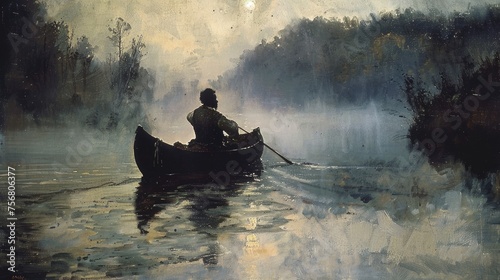 painting a man paddling a canoe down a river. Travel and adventure lifestyle with outdoor