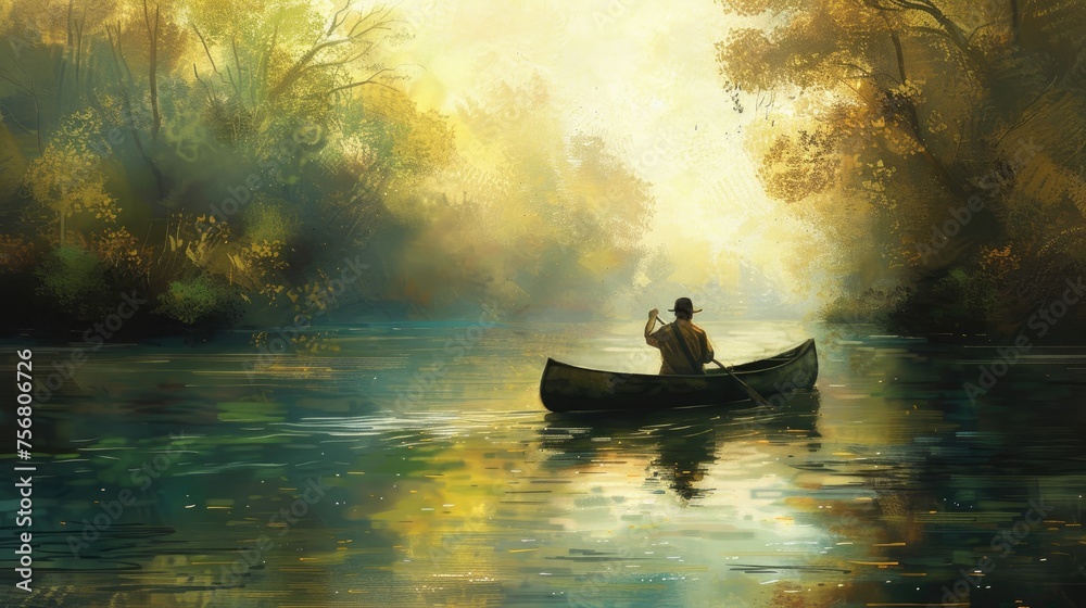 painting a man paddling a canoe down a river. Travel and adventure lifestyle with outdoor painting a man paddling a canoe down a river. Travel and adventure lifestyle with outdoor