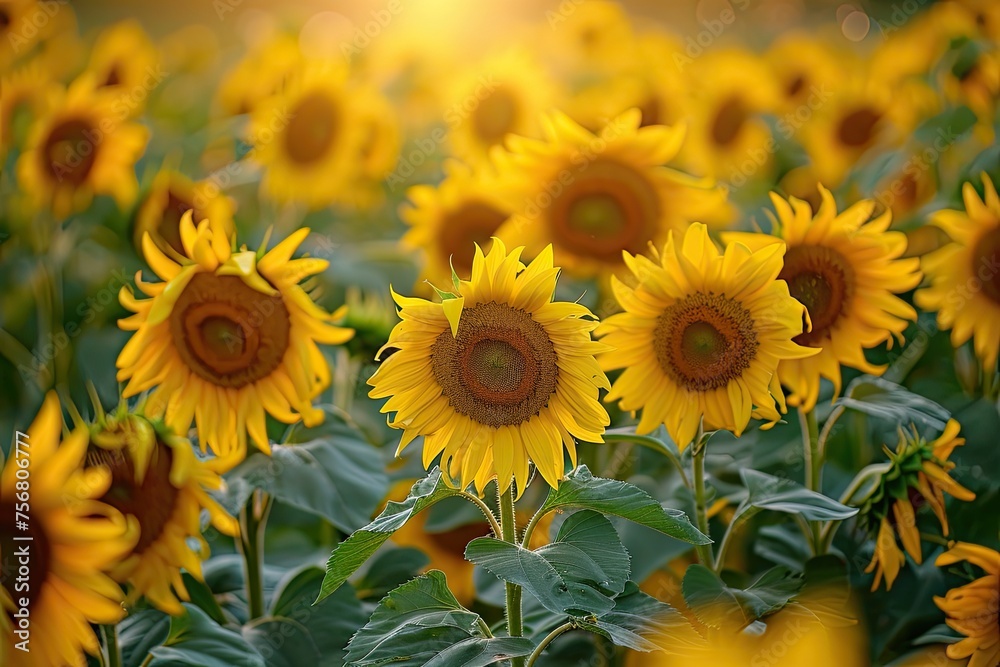 Field Of Sunflowers Swaying In The Breeze