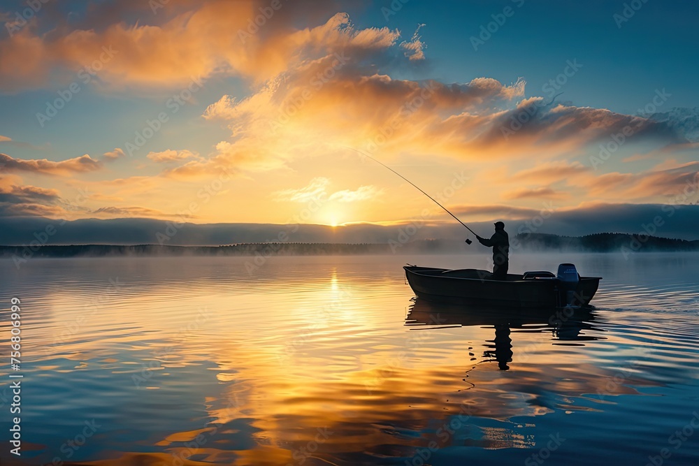 Fisherman Casting His Line From A Boat At Sunrise