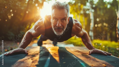 A mature man shows dedication while doing pushups in a natural outdoor setting during sunset