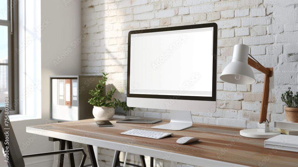 A sleek and tidy home office setup featuring a modern computer on a wooden desk with stylish accessories A sleek and tidy home office setup featuring a modern computer on a wooden desk with stylish accessories
