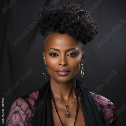 Image of a poised mature black woman flaunting a fishtail braid hairstyle, photographed in a studio setup against a gray backdrop