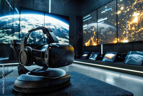 High-Tech Virtual Reality Headset in a Futuristic Gaming Room with Space Theme