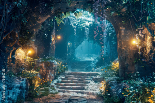 Enchanted Forest Stairway with Mystical Lights and Lush Greenery