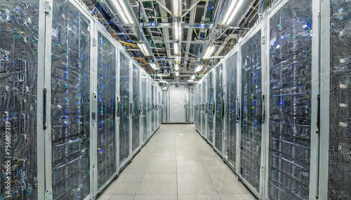 A wide-angle shot of a data center with modular infrastructure, showcasing the ability to easily scale up or down by adding or removing server racks