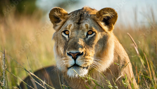 A wildlife photographer capturing a close-up shot of a majestic lioness in the African savannah, as she prowls through tall grass with focused determination