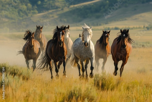 Group Of Wild Horses Galloping Across A Meadow