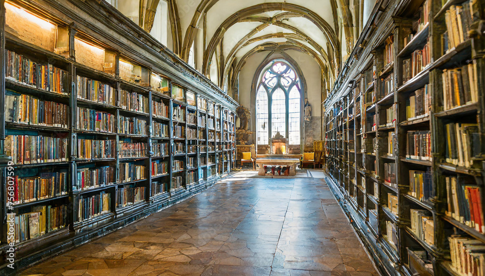 An interior shot of the castle's library, filled with rows of bookshelves, and a cozy fireplace, inviting visitors to delve into the world of knowledge