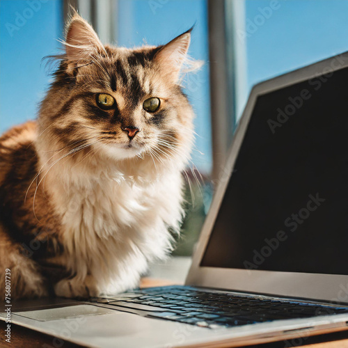 Curious Fluffy Feline Sitting on Modern Laptop Computer with Bright Screen in Sunlit Room