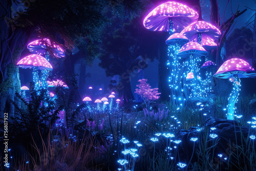 Enchanted Forest Glade Illuminated by Bioluminescent Mushrooms at Night