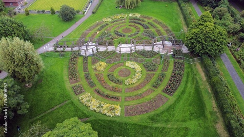 The botanic gardens in Belfast, Northern Ireland, UK see from above with lush green and colourful flowers photo