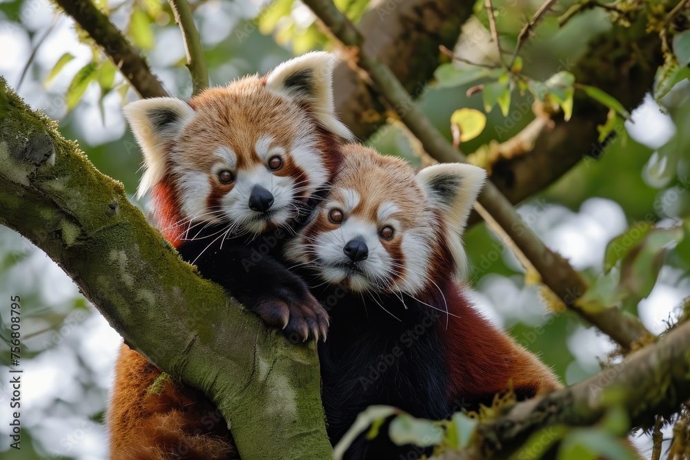 Pair Of Red Pandas Playing In The Trees Pair Of Red Pandas Playing In The Trees