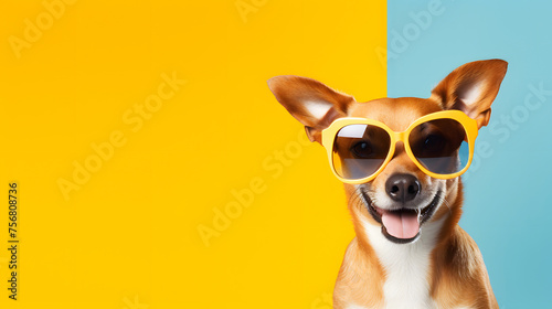 Photo of a small dog photographed with a yellow sunglasses on a vibrant half blue, half yellow background © kanina