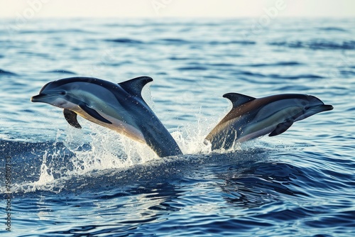 Pair Of Dolphins Leaping Gracefully In The Ocean