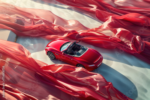Red Sports Car Unveiling with Dynamic Silk Fabric in an Artistic Display © KirKam