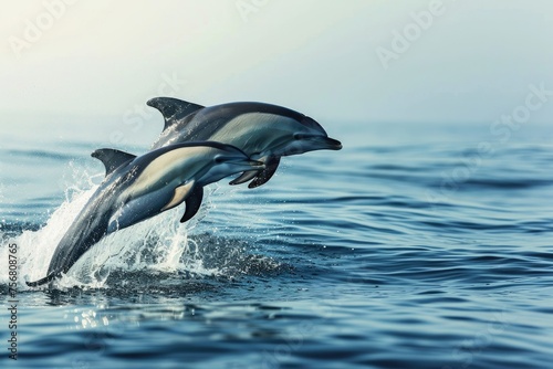 Pair Of Dolphins Leaping Gracefully In The Ocean