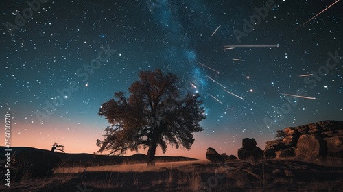 A stunning long-exposure shot of a meteor shower streaking across the sky  