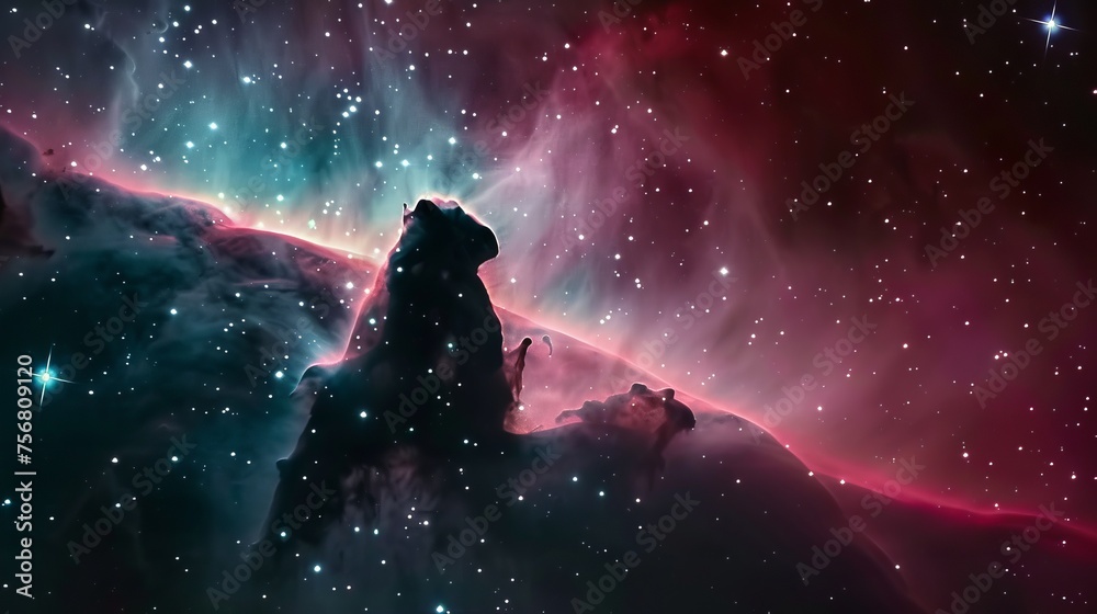 An abstract photo of the Horsehead Nebula showing intricate details of interstellar gas and dust, 