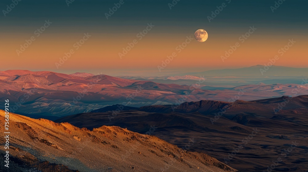 An awe-inspiring image of a full moon rising above a mountain range, 
