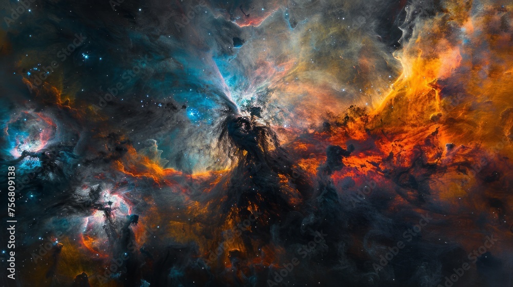 An artistic photo of the Orion Nebula showing colorful clouds of gas and dust