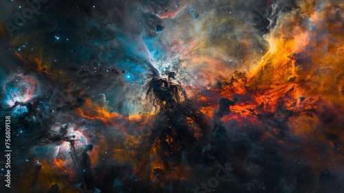 An artistic photo of the Orion Nebula showing colorful clouds of gas and dust