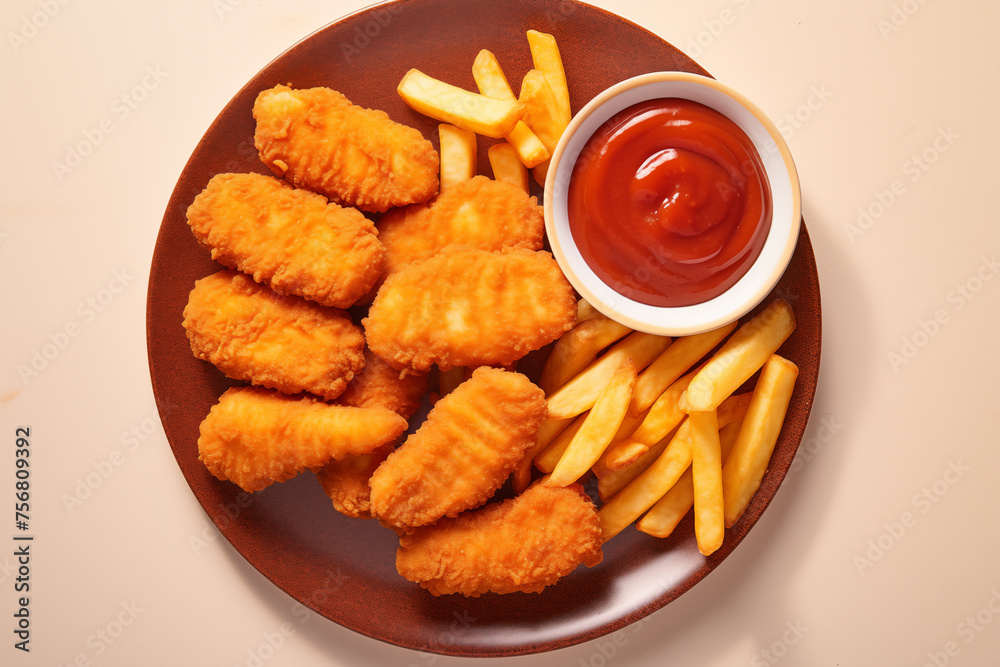 French fries, chicken nuggets, ketchup and mayo. Deep fried dish