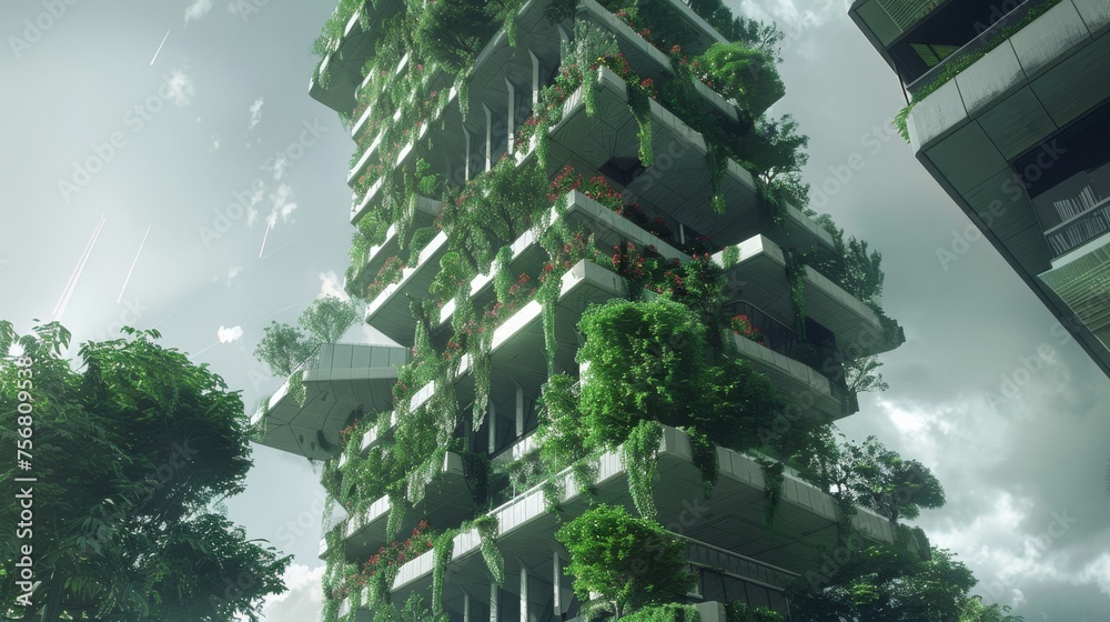 Futuristic Neo-Brutalist skyscraper with cantilevered balconies and vertical gardens