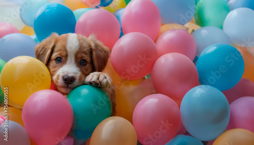 Cute little dog looking at the camera, poking its face into a pile of colorful balloons. AI Generated © Gabriel